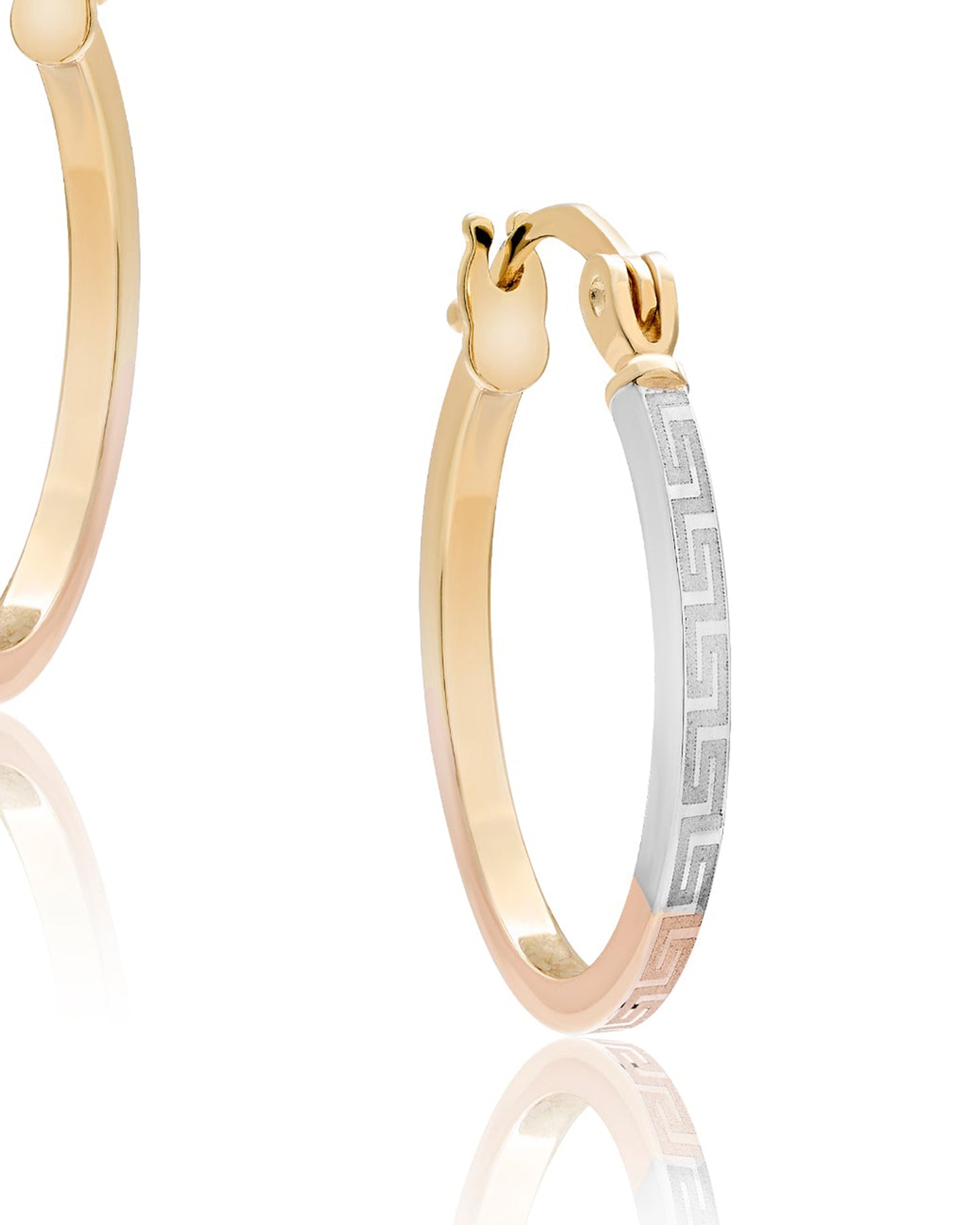 Dual Tone Greek Key Hoop Earrings