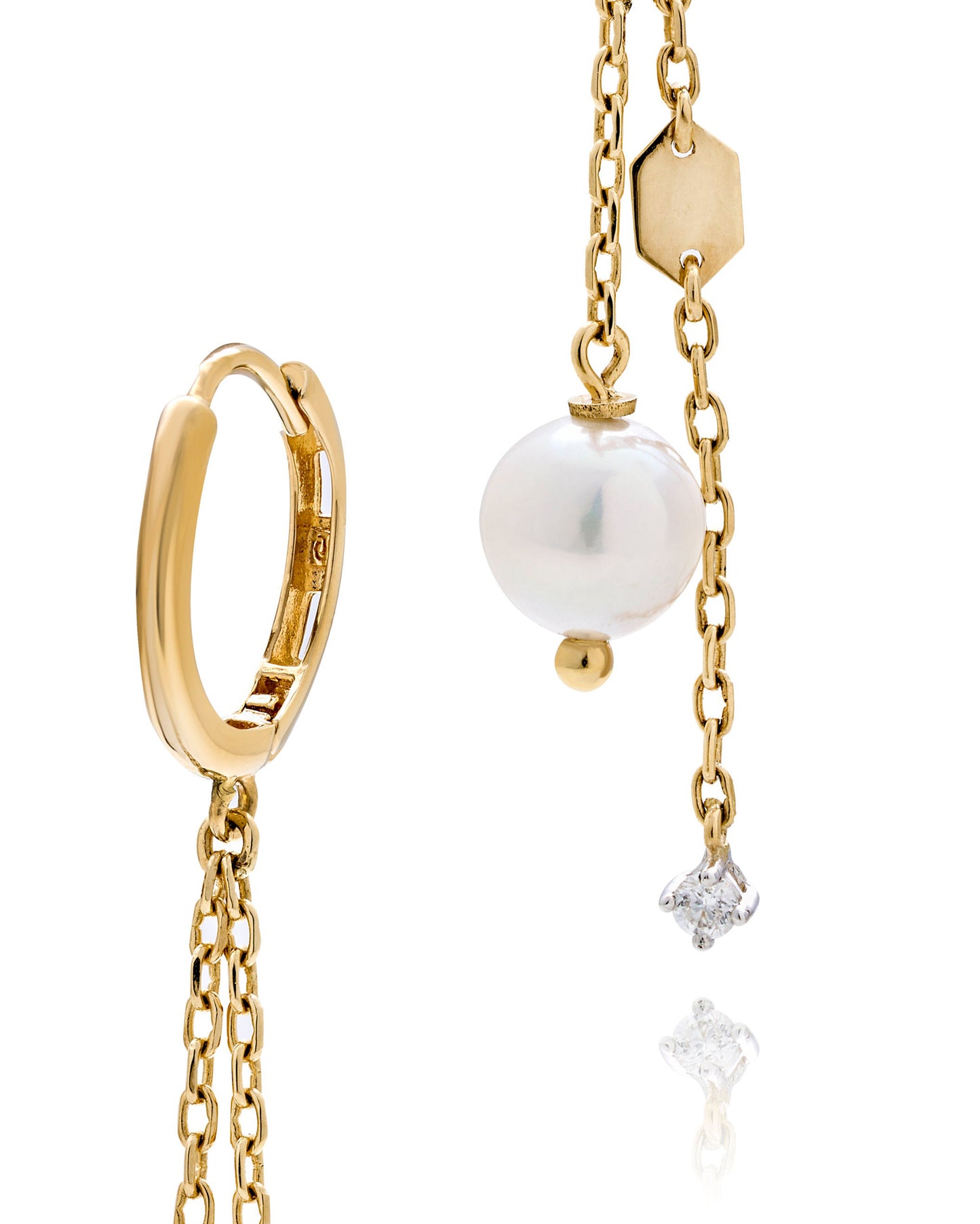 Gold Pearl and Diamond Chain Drop Earrings