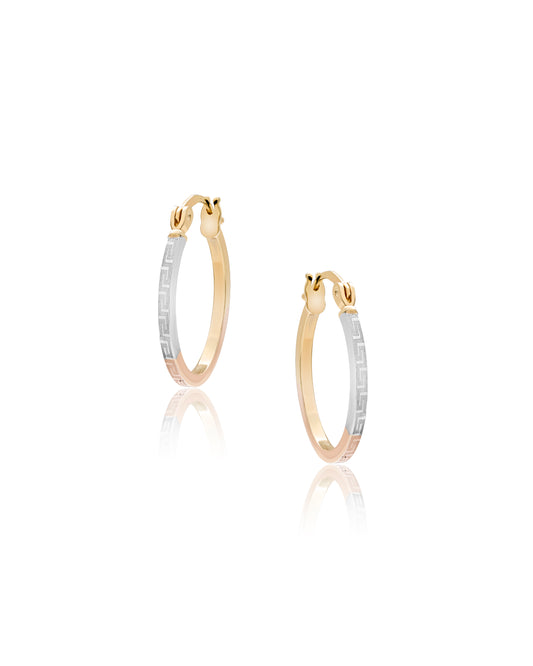 Dual Tone Greek Key Hoop Earrings