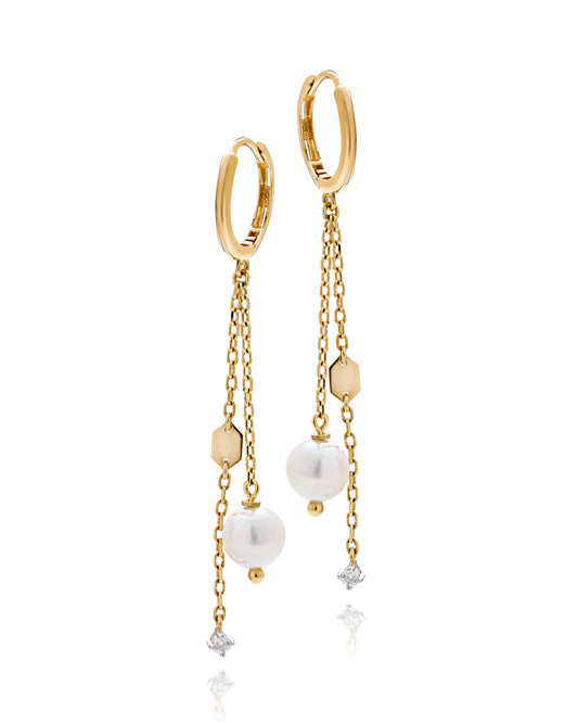 Gold Pearl and Diamond Chain Drop Earrings